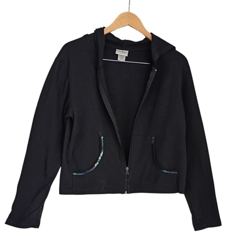 C.W. SPORT Black Cotton Zip-Up Hoodie‎ Sequin Pocket Detail Large Casual